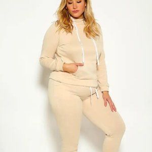 NWT BEIGE LONG SLEEVE HOODED TWO PIECE LOUNGE WEAR OUTFIT